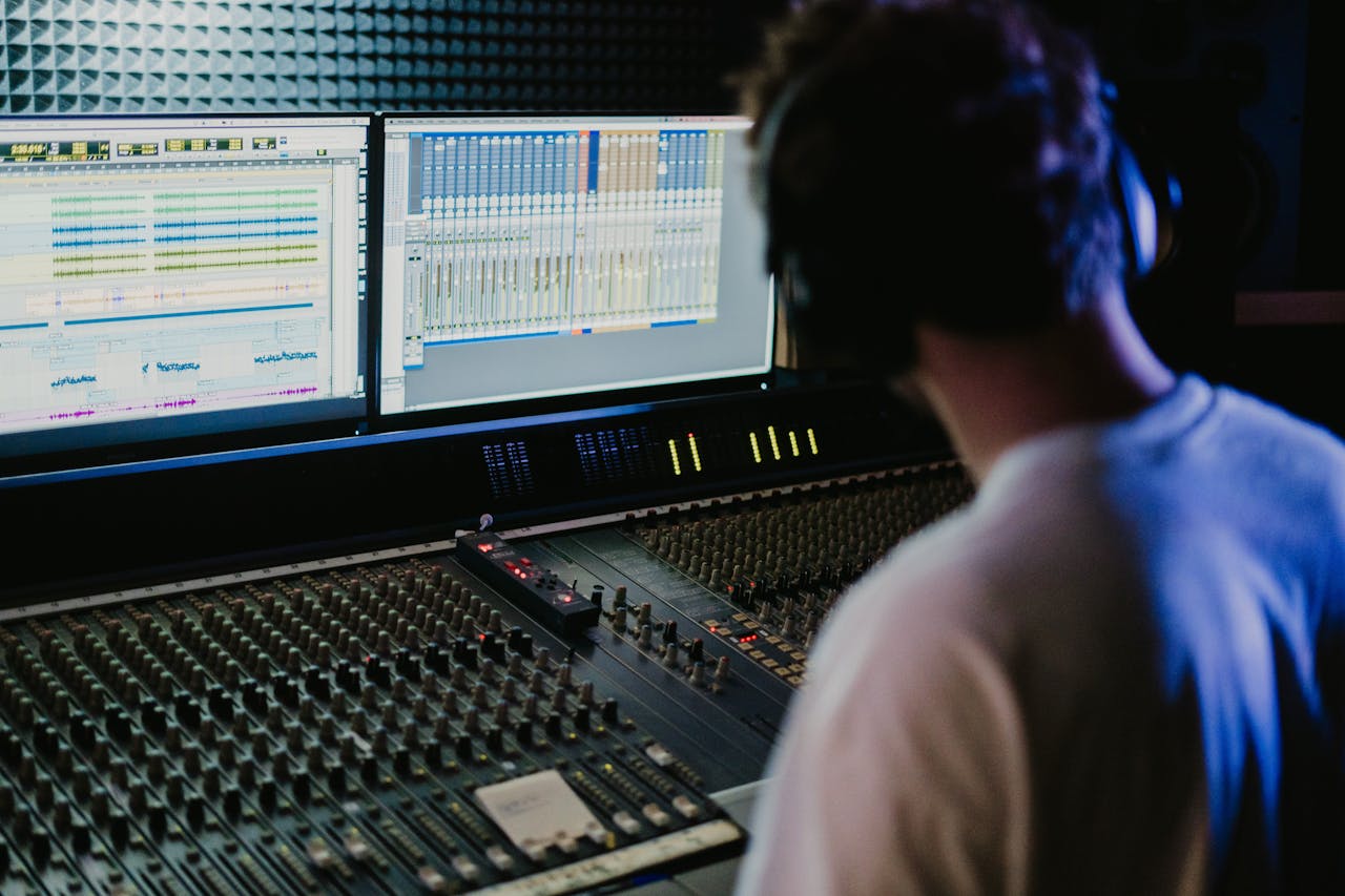 Sound engineer working with mixing console and monitors in a modern recording studio.